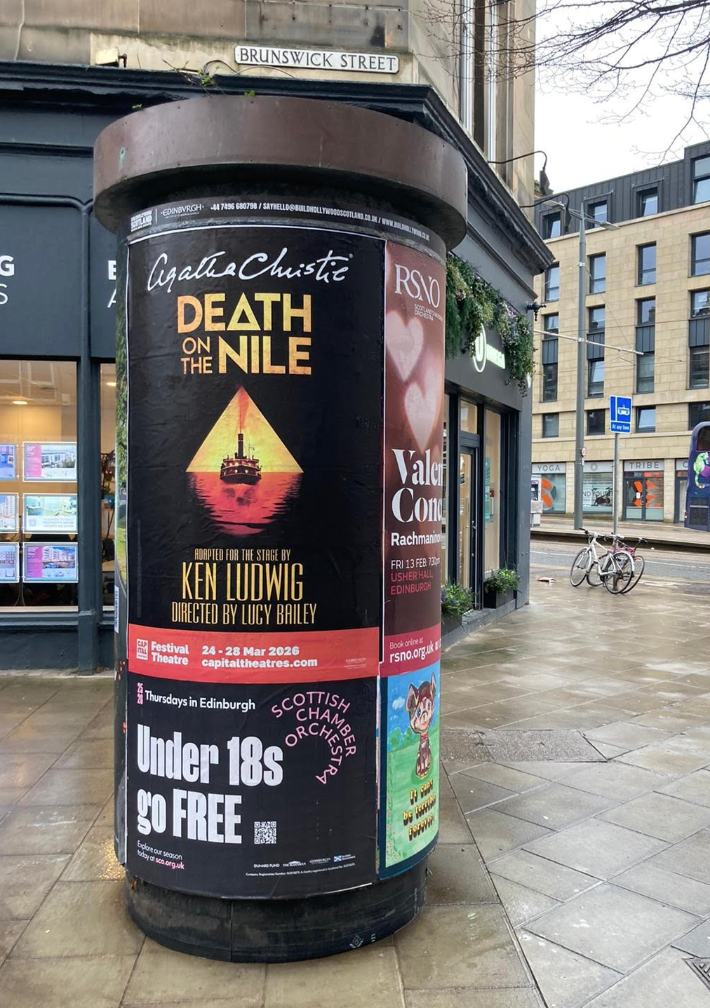 death on the nile poster on the edinburgh streets for capital theatres media buy campaign