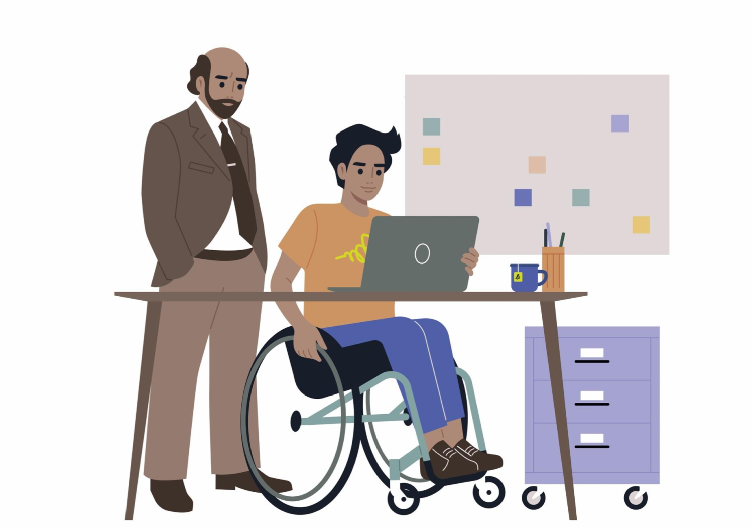 SUSE - AGM illustration of a man in wheelchair working in office with a man standing next to his desk