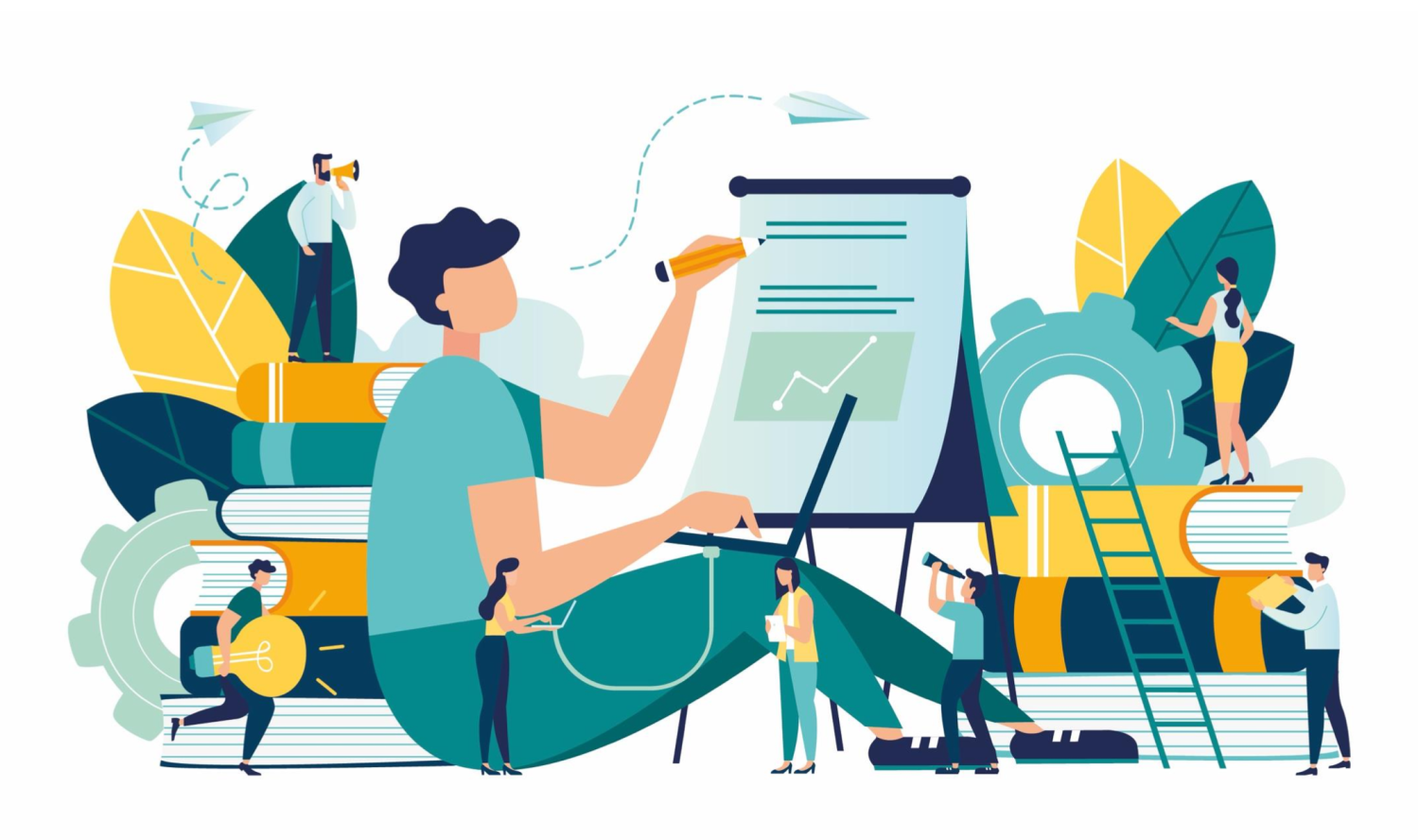 SUSE - AGM illustration of a woman writing with a flip chart with others working away in the background